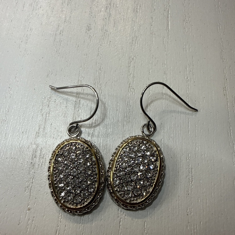 Emma Skye Silver Tone Pave Crystal Drop Earrings Gold Tone Accent Oval Shape